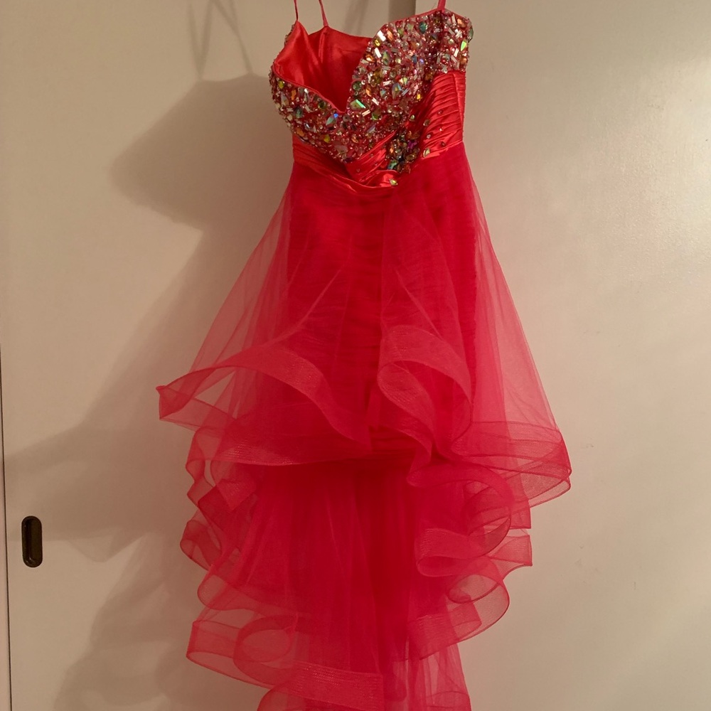 High to low strapless prom dress